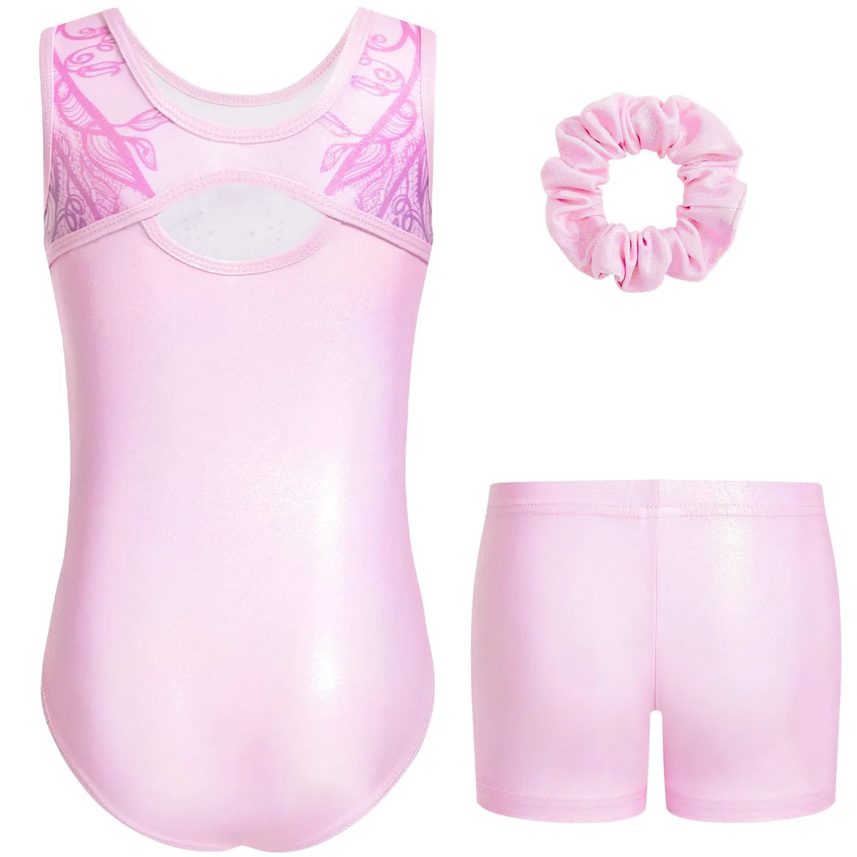 Gogokids Conjunto de leotardo de gimnasia sin mangas de tres piezas para niñas con pantalones cortos y lazo para el pelo, trajes de gimnasia con purpurina para niños con detalles de diamantes de