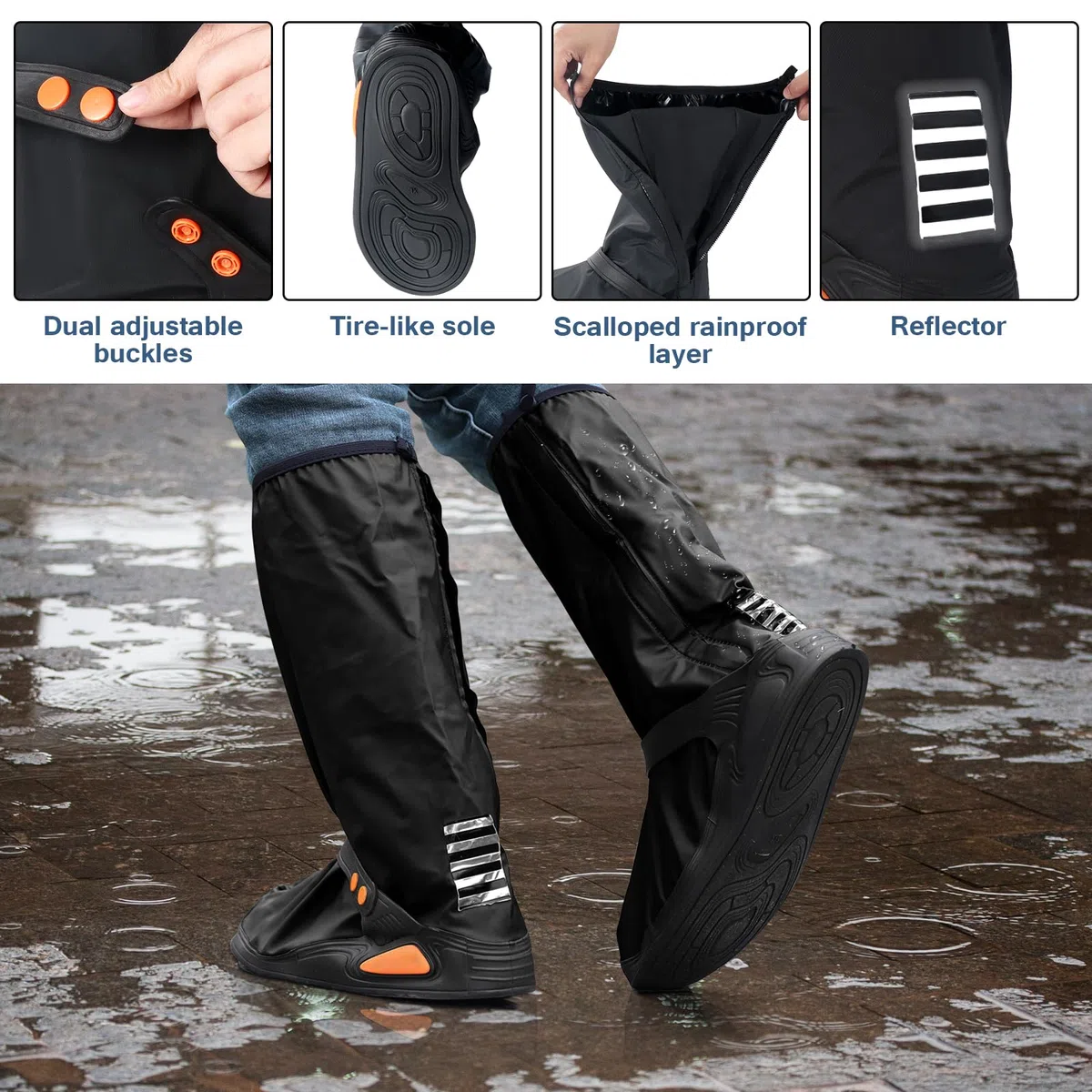 Habwea Cubrecalzado Impermeable Sobrecalzado Negro Reutilizable con bandas reflectantes Botas de lluvia antideslizantes Chubasqueros de alta protección contra la lluvia para bicicleta