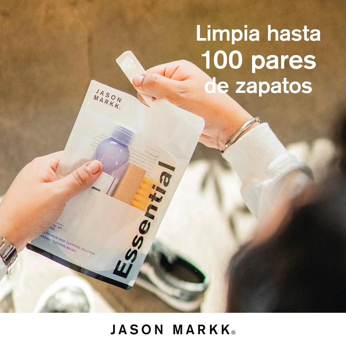Jason Markk Essential Kit de Limpieza Zapatillas, Con Cepillo y Solución (118ml), Para zapatillas deportivas y zapatos de piel plena flor, goma y otros materiales
