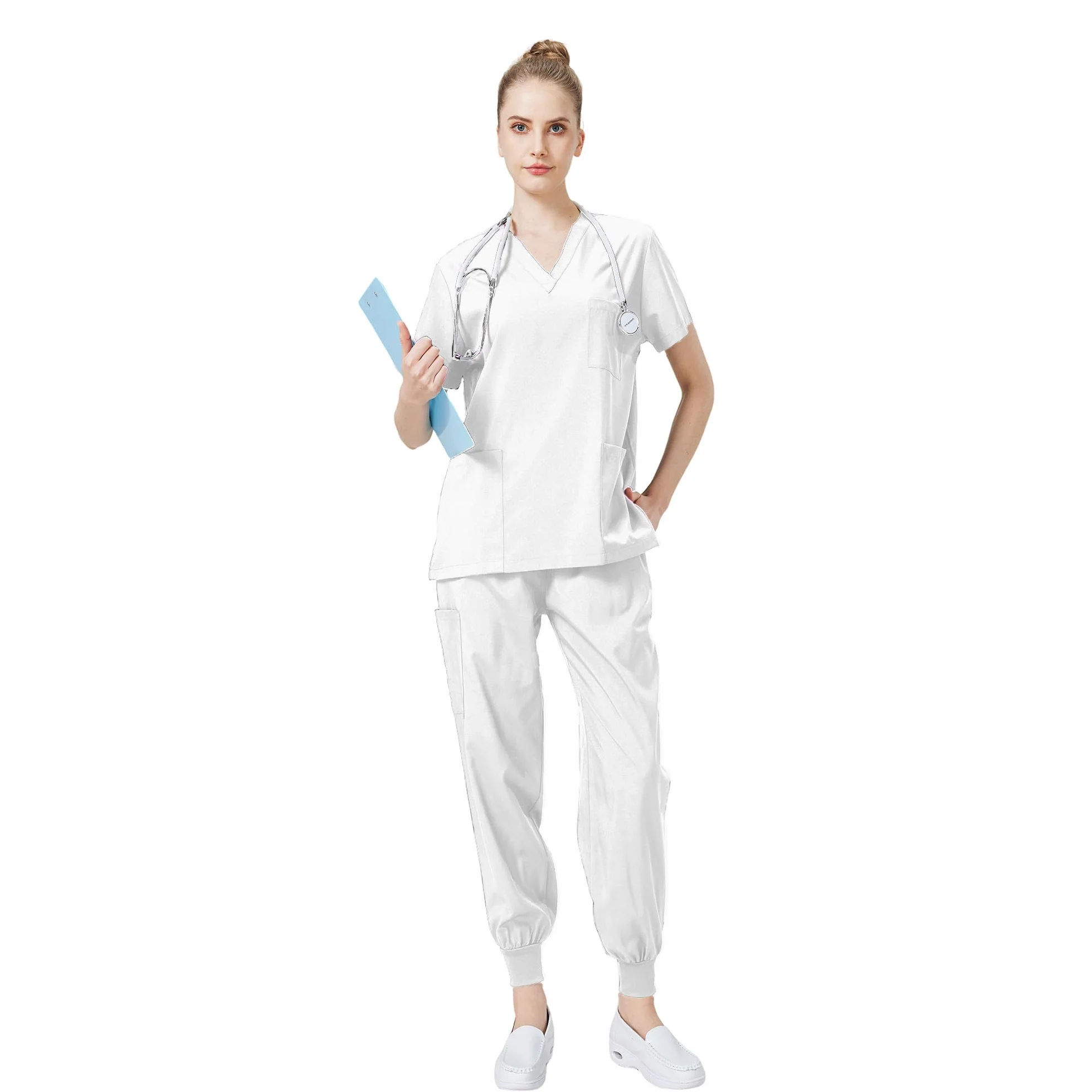 Médico Mono Cuello en V Top Corto con 3 Bolsillos Pantalones Slim Secado Rápido y Tamaños Unisex DK05