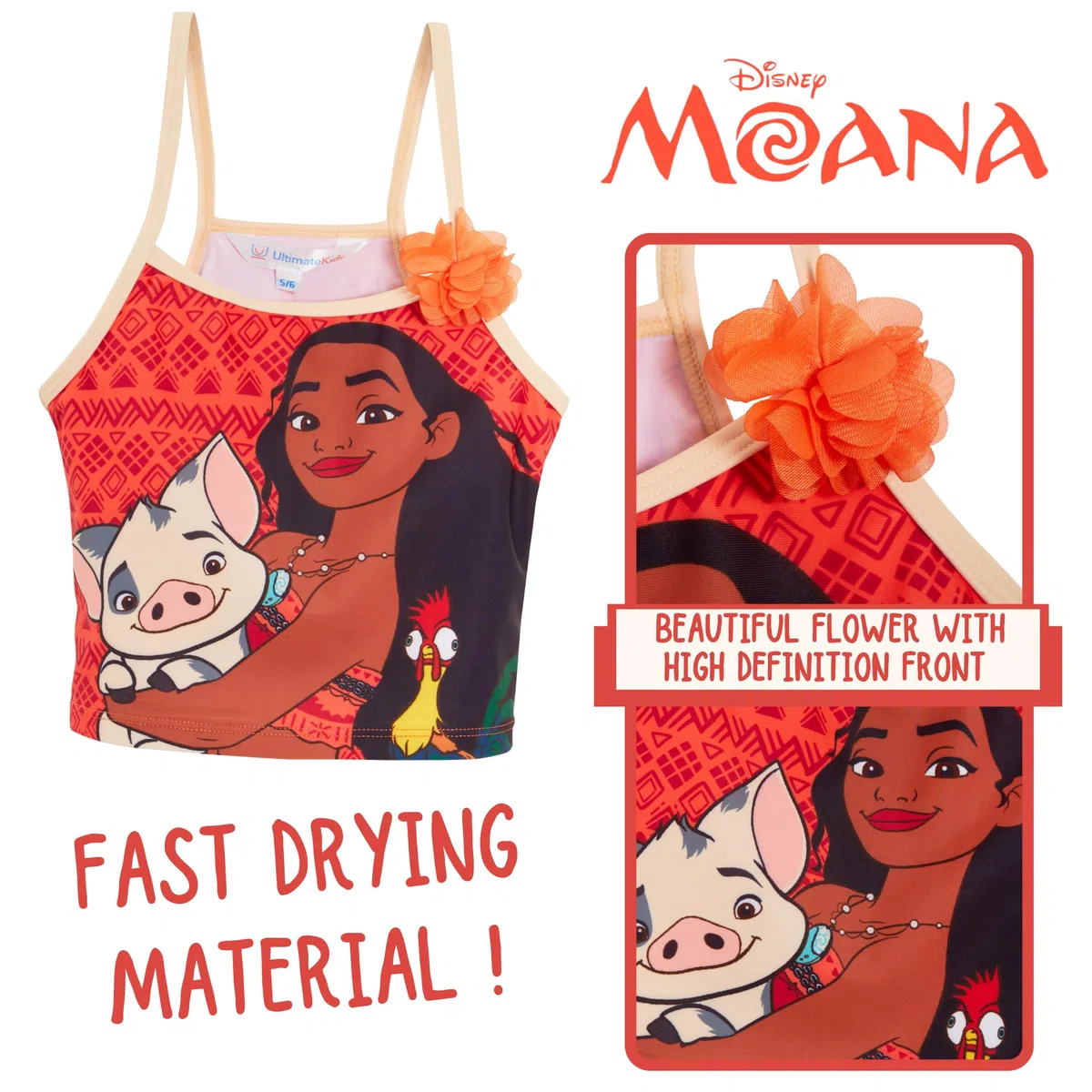 Disney Traje de baño Moana tankini de dos piezas para niñas, traje de baño de lujo para piscina y playa