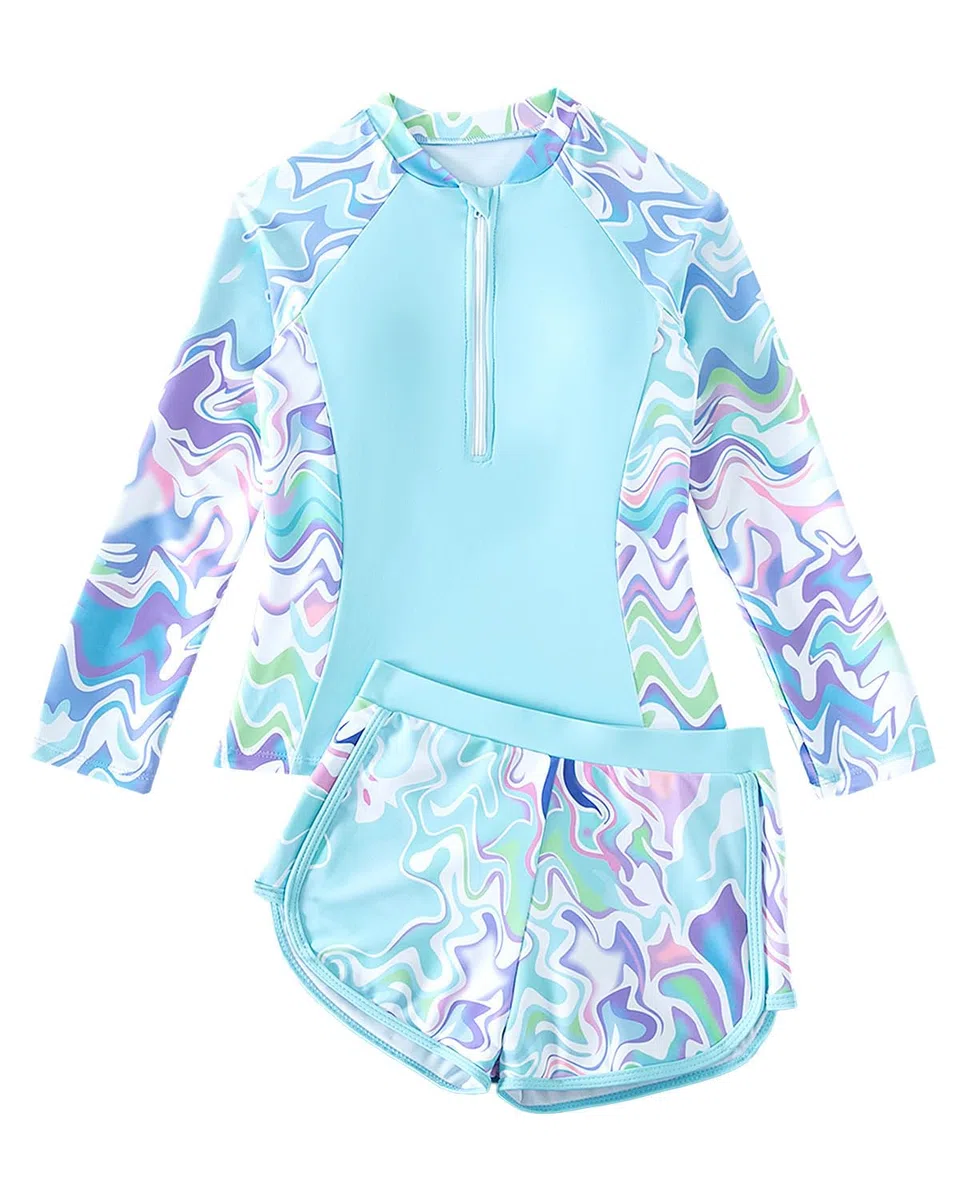 Bañador Niña con Sujetadores Acolchados, Traje De Baño Manga Larga Niña, De Dos Piezas UV Proteccion Solar para Adolescentes Chicas, 8-13 Años