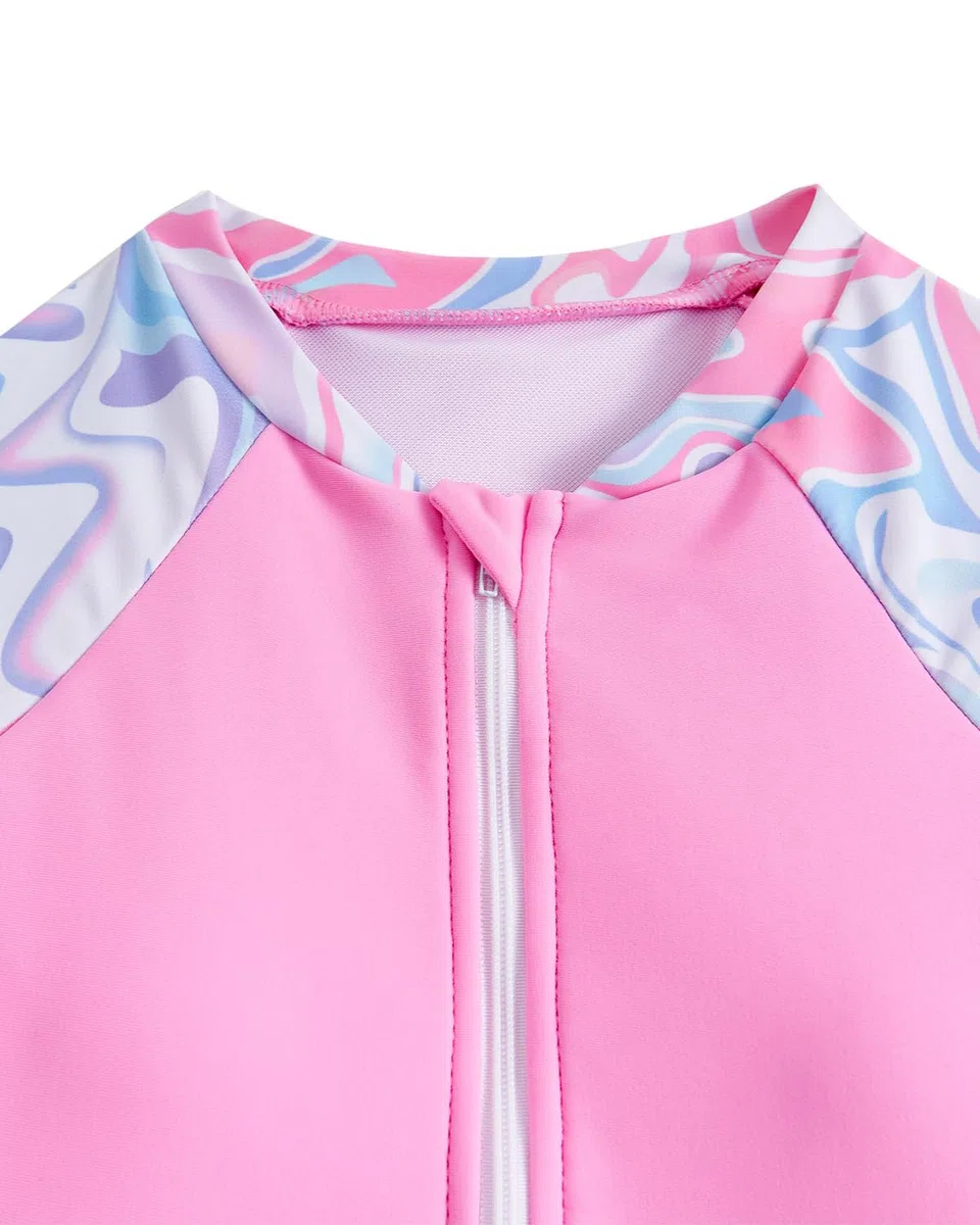 JiAmy Bañador UV para niña con acolchado, manga larga, traje de baño UV, con camiseta de baño y pantalones cortos, camiseta UV, traje de baño 8-14 años