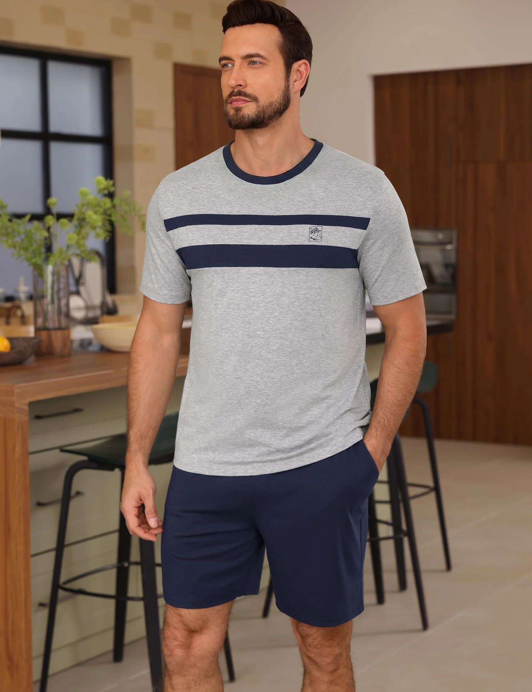 Marvmys Pijamas Hombre Verano Corto Algodón Cuello Redondo Manga Cortas Tops Pijama Pantalones con Bolsillo S-3XL