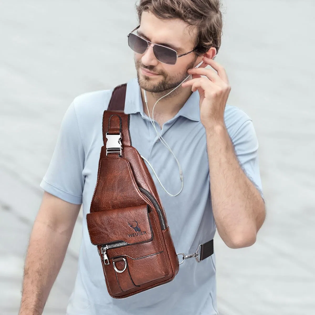 A-QMZL Bolso Hombre de Pecho de Piel Bandolera Cuero Bolsos Bandolera Casual Sling Bag Mochila Hombro Bolsas Impermeable Crossbody de Viaje Trabajo (Marrón oscuro)