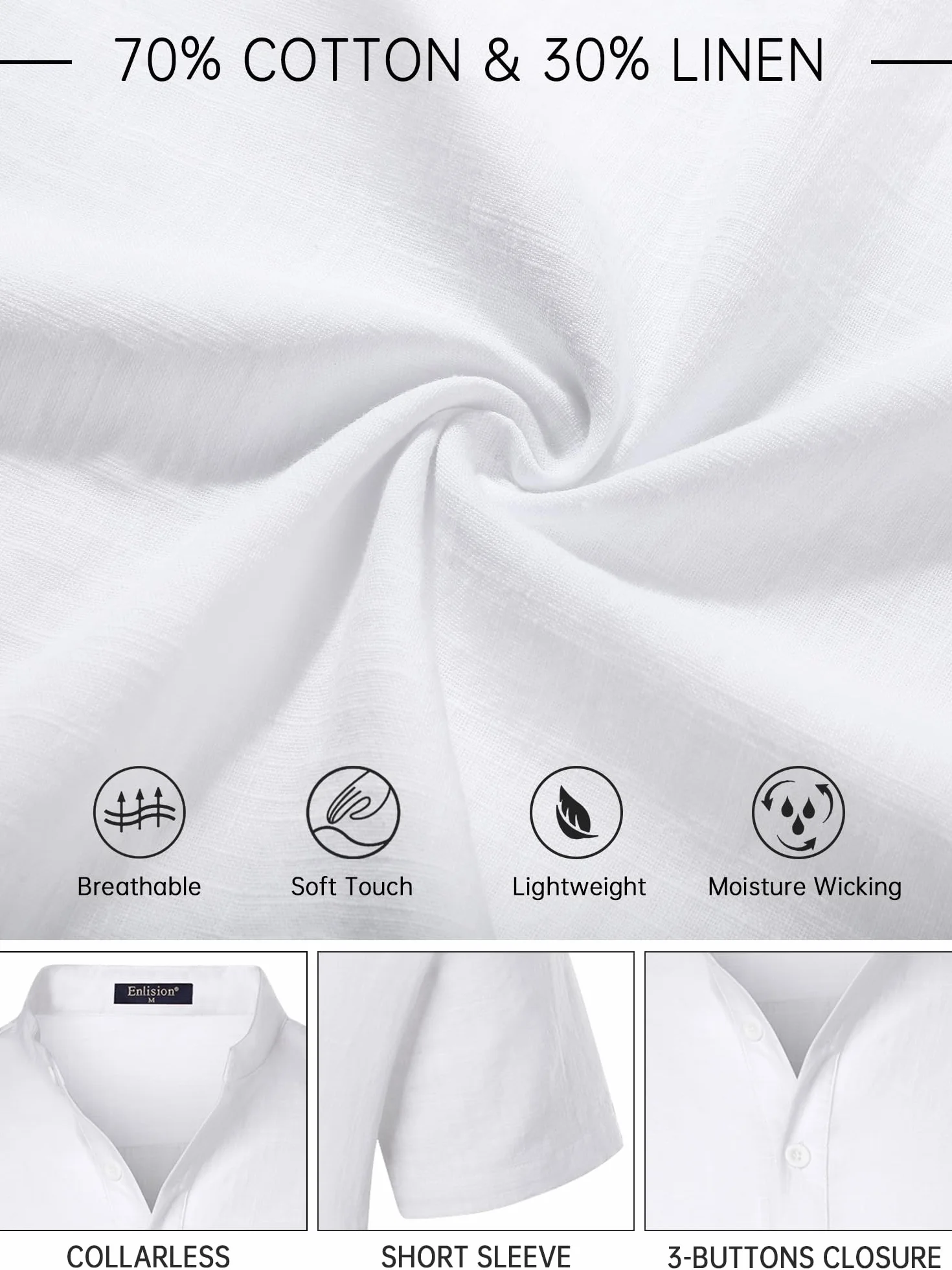 Enlision Camisa Lino Hombre Manga Corta Verano Camisas Casual para Hombres Cuello Mao Ibicenca Camiseta con Botones Algodón Color Sólido Ropa S-4XL