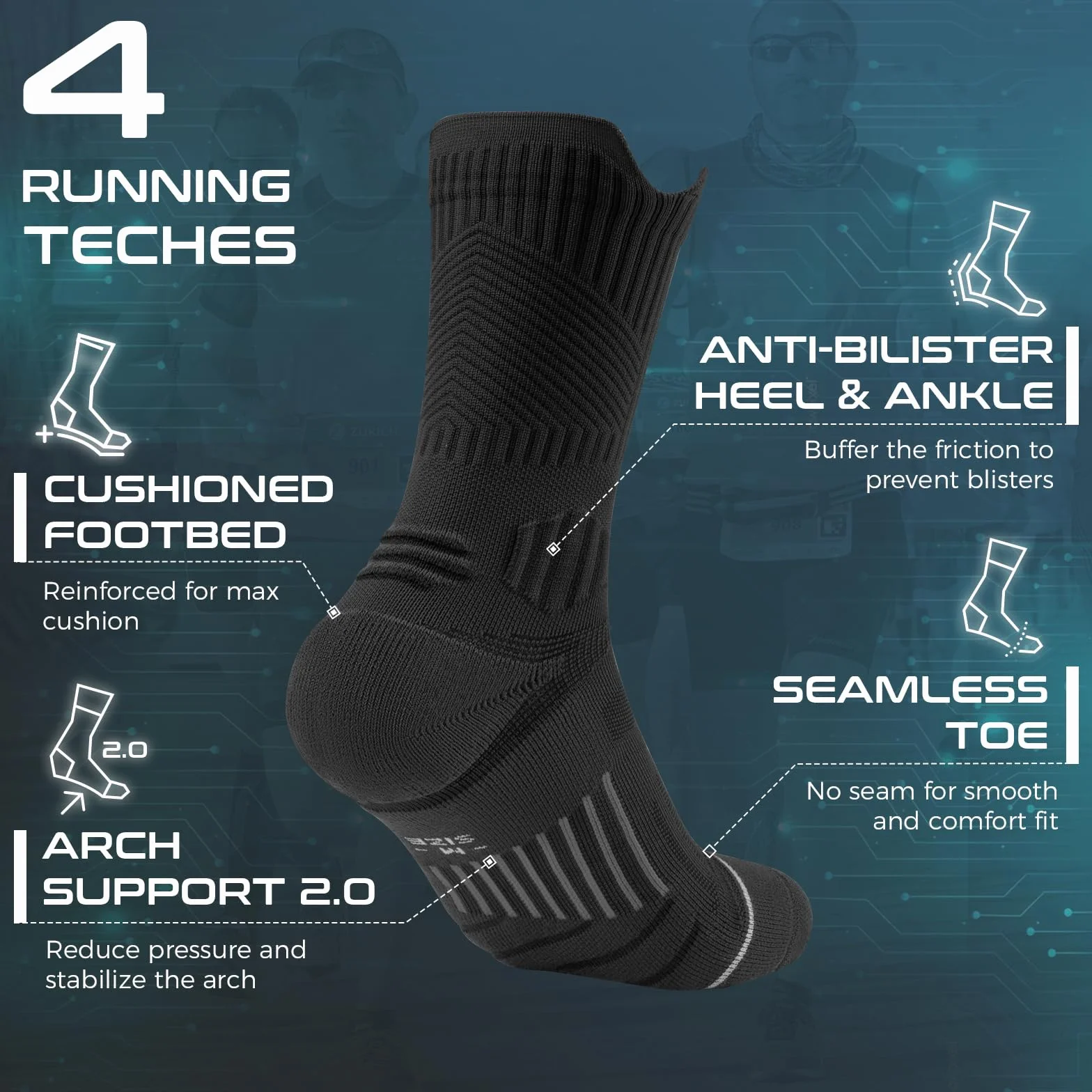 Rahhint Coolmax Compresión Calcetines Running Hombre, Deporte Anti-Ampollas, Amortiguación Respirable, Soporte del Arco (Tallas 35-51, 3 Pares)