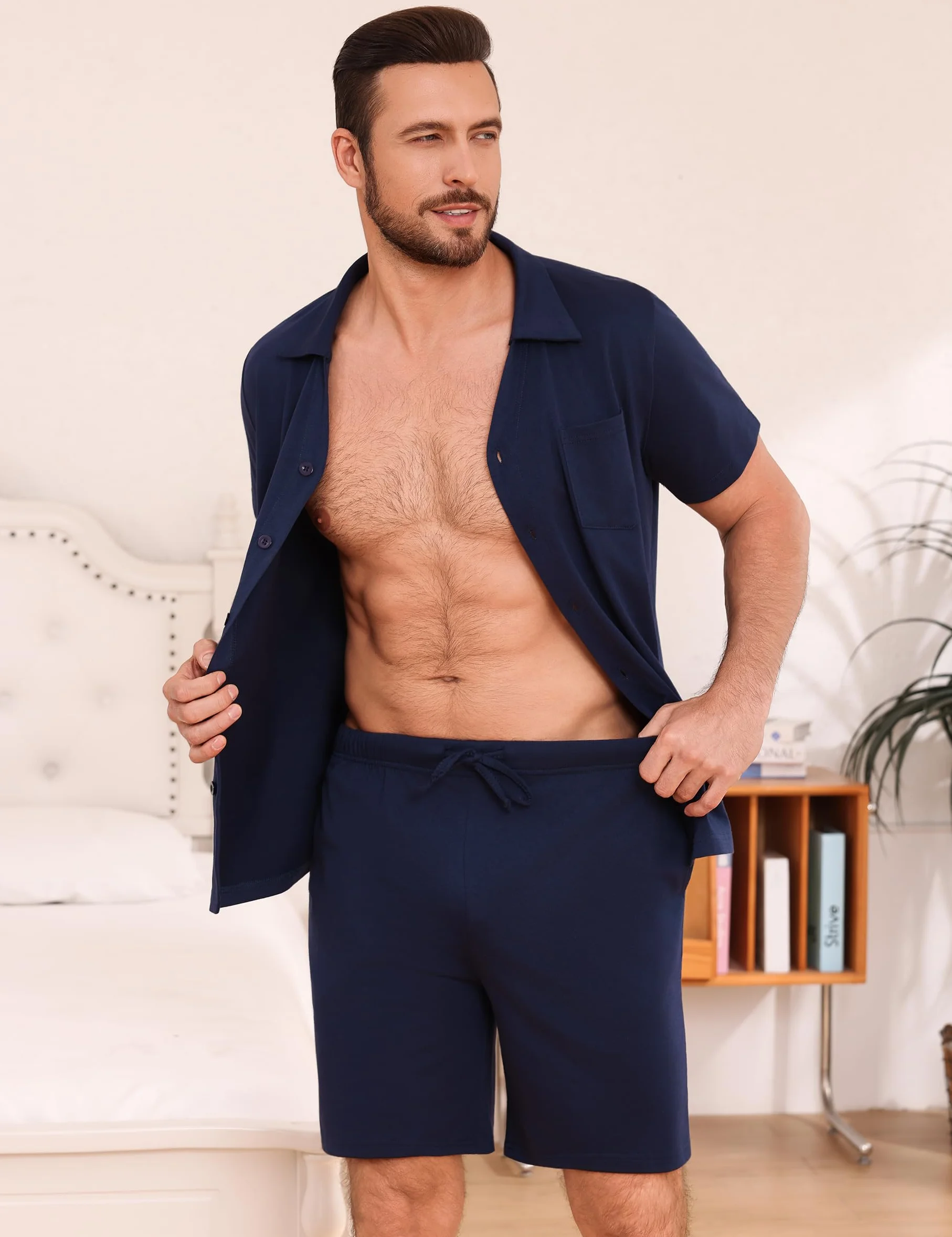 Bresdk Pijamas Hombre Verano Corto Algodon con Camisa Abotonada y Shorts Ropa de Dormir Manga Corta