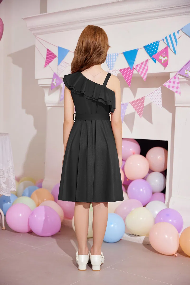 Arshiner Niñas Vestido Un Hombro Niños Verano Elegantes Festivo Escote con Volantes Vestido Sin Mangas Vestidos de Fiesta para Niñas 5-14 Años