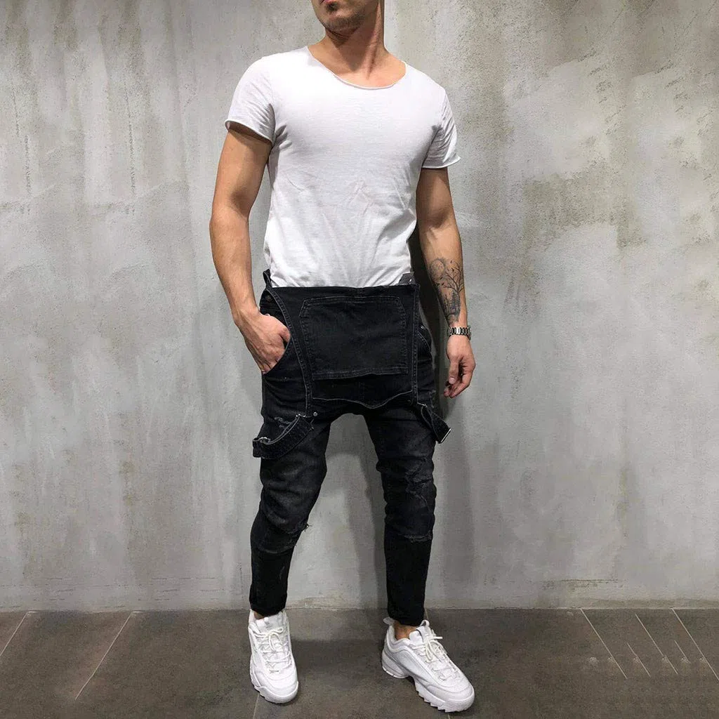 Petos de Pantalones Vaqueros de Mono para Hombre Pantalones de Bolsillo Rotos Pantalones de Liga Babero Pantalón