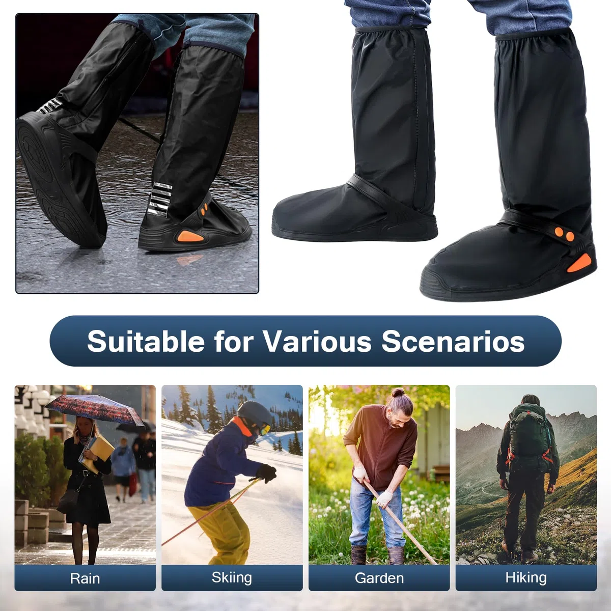 Habwea Cubrecalzado Impermeable Sobrecalzado Negro Reutilizable con bandas reflectantes Botas de lluvia antideslizantes Chubasqueros de alta protección contra la lluvia para bicicleta