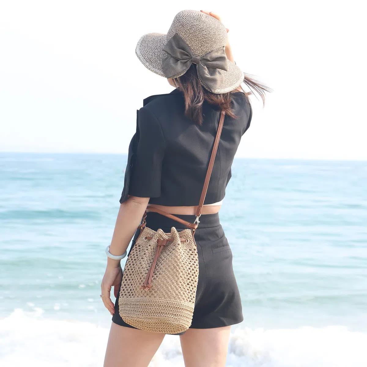 EVEOUT Bolso Cubo Bandolera de Paja tejido Mujer Bohemio Bolsos de hombro rafia de Playa vacances Verano