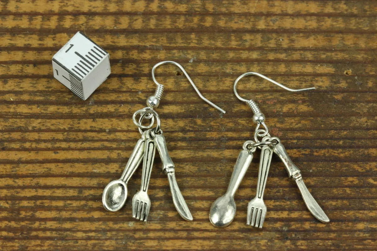 Aretescubertería de pendientes 3 Cuchillo Tenedor cuchara de cocina Cocina -joyería hecha a mano de manera I pendientes