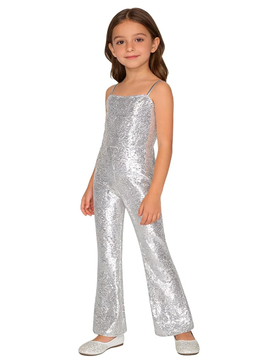 IEFIEL Mono Lentejuelas de Fiesta para Niñas sin Manga Mono Acampanado de Discoteca Hippie Disfraz de Barbi Cosplay Cumpleaños Carnaval Costume 5-16 Años