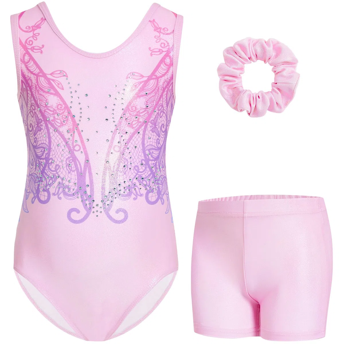 Gogokids Conjunto de leotardo de gimnasia sin mangas de tres piezas para niñas con pantalones cortos y lazo para el pelo, trajes de gimnasia con purpurina para niños con detalles de diamantes de