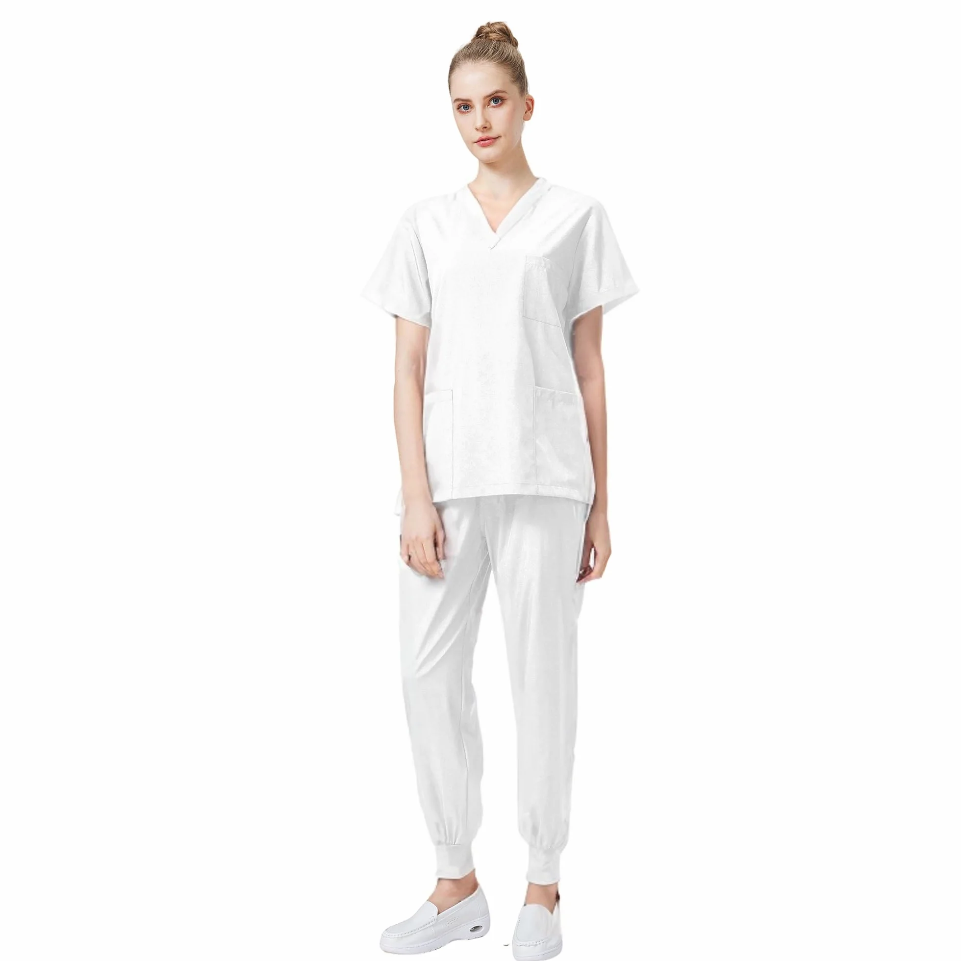 Médico Mono Cuello en V Top Corto con 3 Bolsillos Pantalones Slim Secado Rápido y Tamaños Unisex DK05