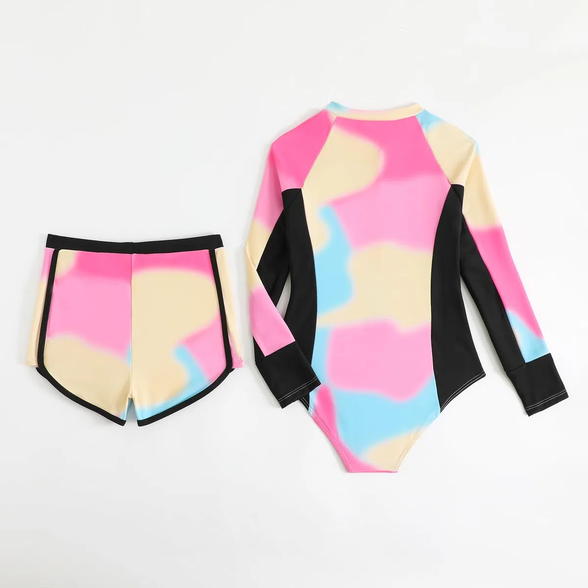 JiAmy Traje de Baño Niña 2 Piezas, Camiseta Mangas Largas Protectora Solar con Shorts, Estampado Tie-Dye para Chicas Adolescentes 8 a 13 Años