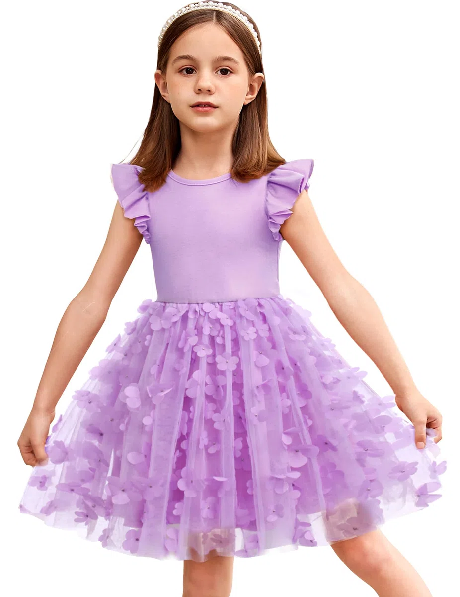 Arshiner Vestidos para Niña Vestido de Tul Mangas Voladoras Vestido de Princesa Vestido Festivo Tutú Vestido Infantil Vestido de Fiesta de Algodón Vestido de Cumpleaños Boda Verano 2-7 años