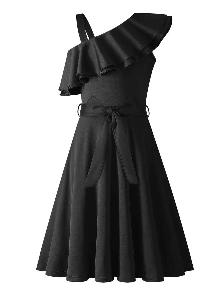 Arshiner Niñas Vestido Un Hombro Niños Verano Elegantes Festivo Escote con Volantes Vestido Sin Mangas Vestidos de Fiesta para Niñas 5-14 Años