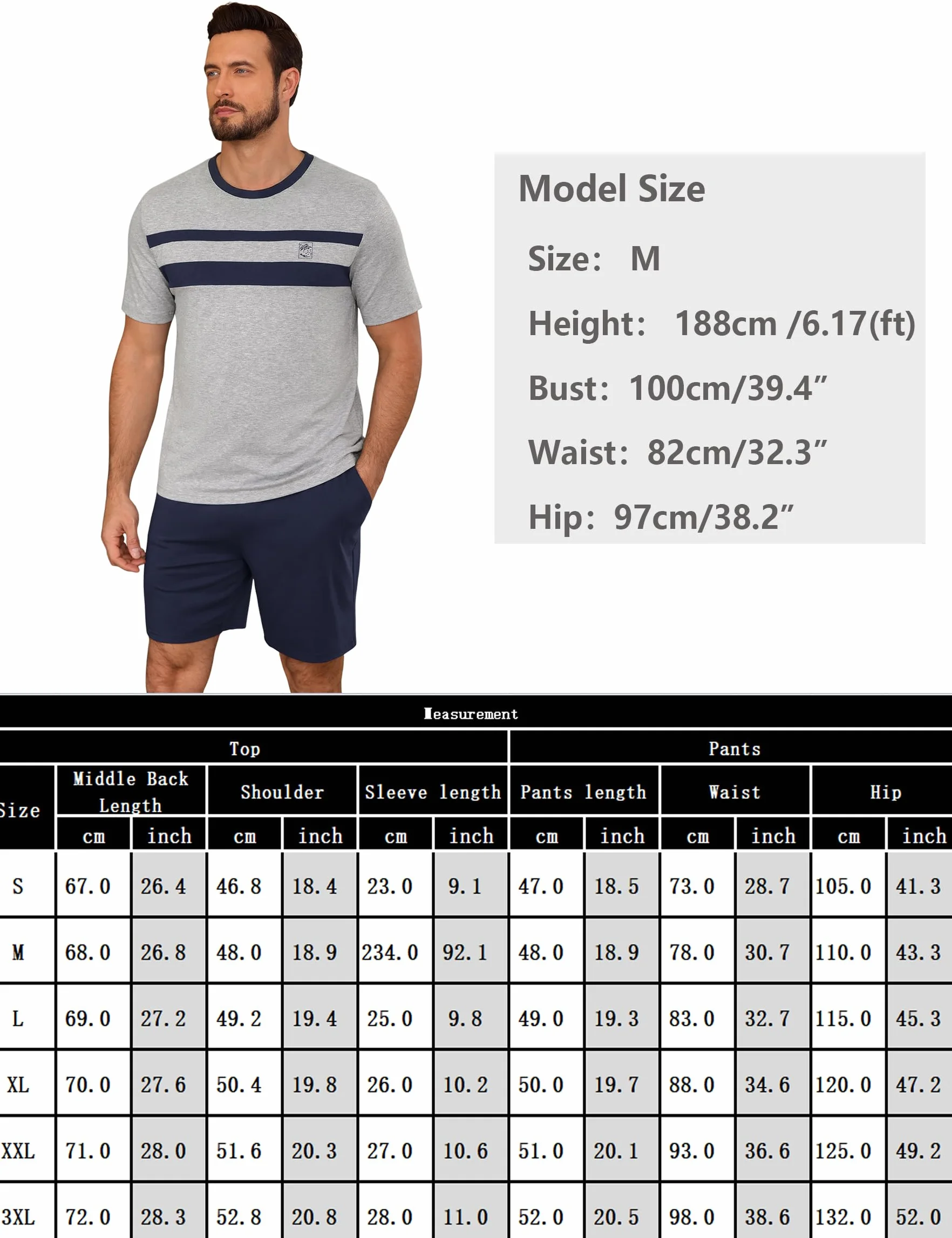 Marvmys Pijamas Hombre Verano Corto Algodón Cuello Redondo Manga Cortas Tops Pijama Pantalones con Bolsillo S-3XL