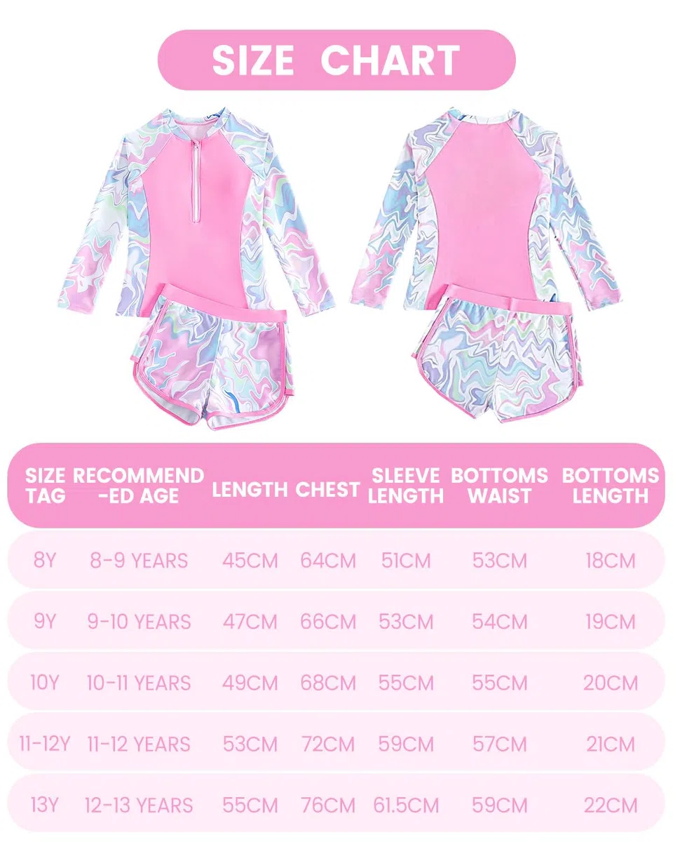 JiAmy Bañador UV para niña con acolchado, manga larga, traje de baño UV, con camiseta de baño y pantalones cortos, camiseta UV, traje de baño 8-14 años