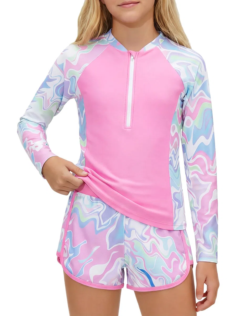 JiAmy Bañador UV para niña con acolchado, manga larga, traje de baño UV, con camiseta de baño y pantalones cortos, camiseta UV, traje de baño 8-14 años