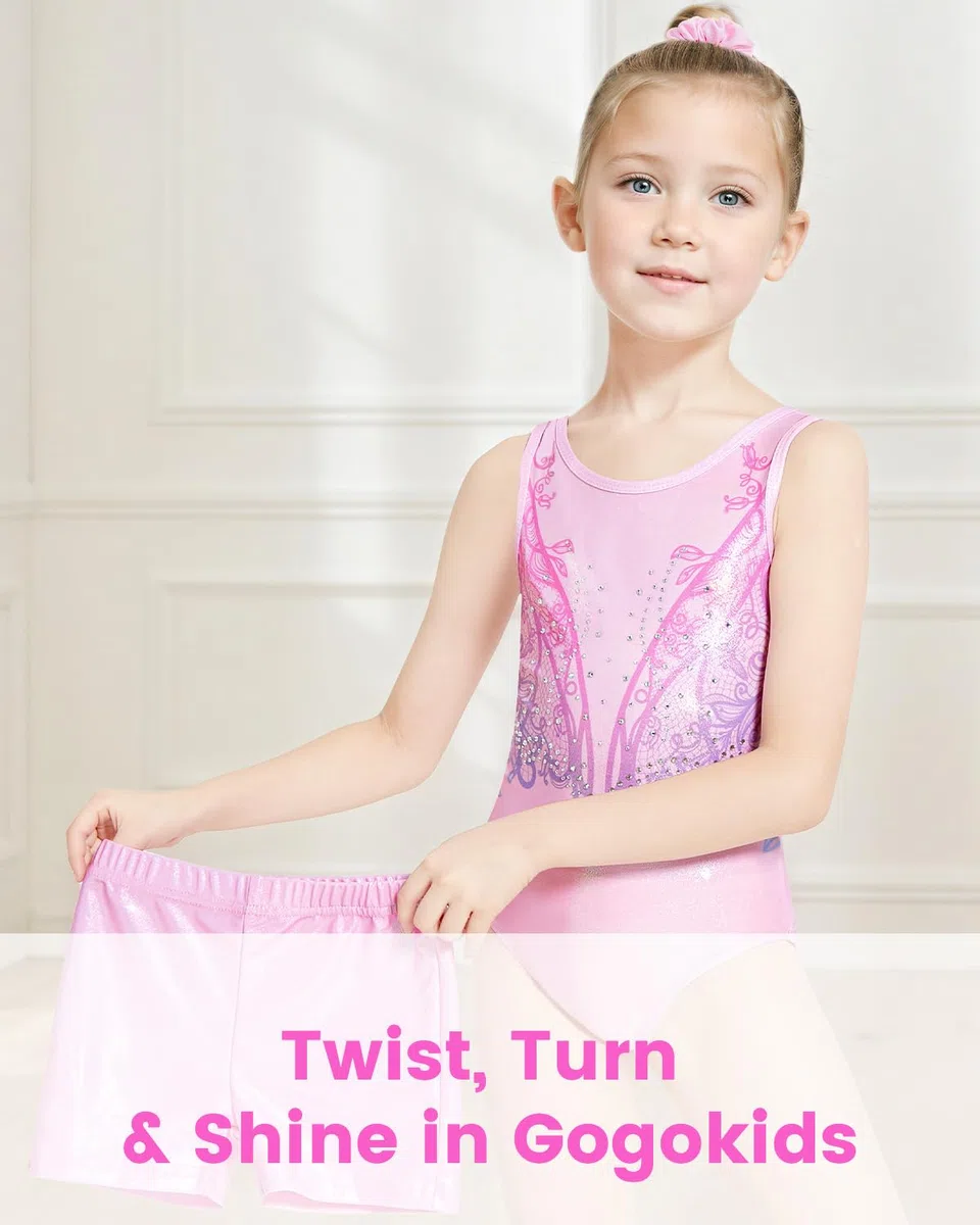 Gogokids Conjunto de leotardo de gimnasia sin mangas de tres piezas para niñas con pantalones cortos y lazo para el pelo, trajes de gimnasia con purpurina para niños con detalles de diamantes de
