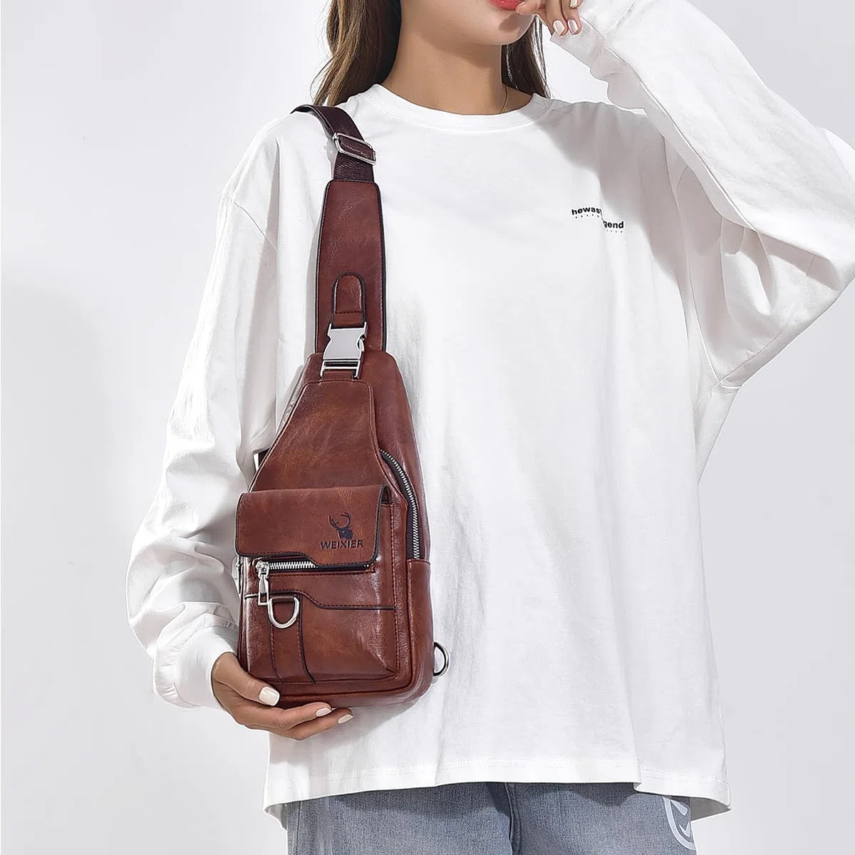 A-QMZL Bolso Hombre de Pecho de Piel Bandolera Cuero Bolsos Bandolera Casual Sling Bag Mochila Hombro Bolsas Impermeable Crossbody de Viaje Trabajo (Marrón oscuro)