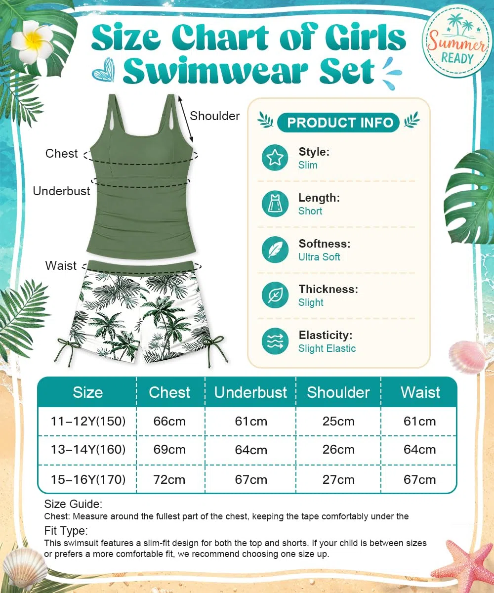 Traje de Baño de Verano para Niñas, Bikini Tankini Niñas con Top y Shorts Ajustables, Secado Rápido, Traje de Baño para Niñas 11-16 Años