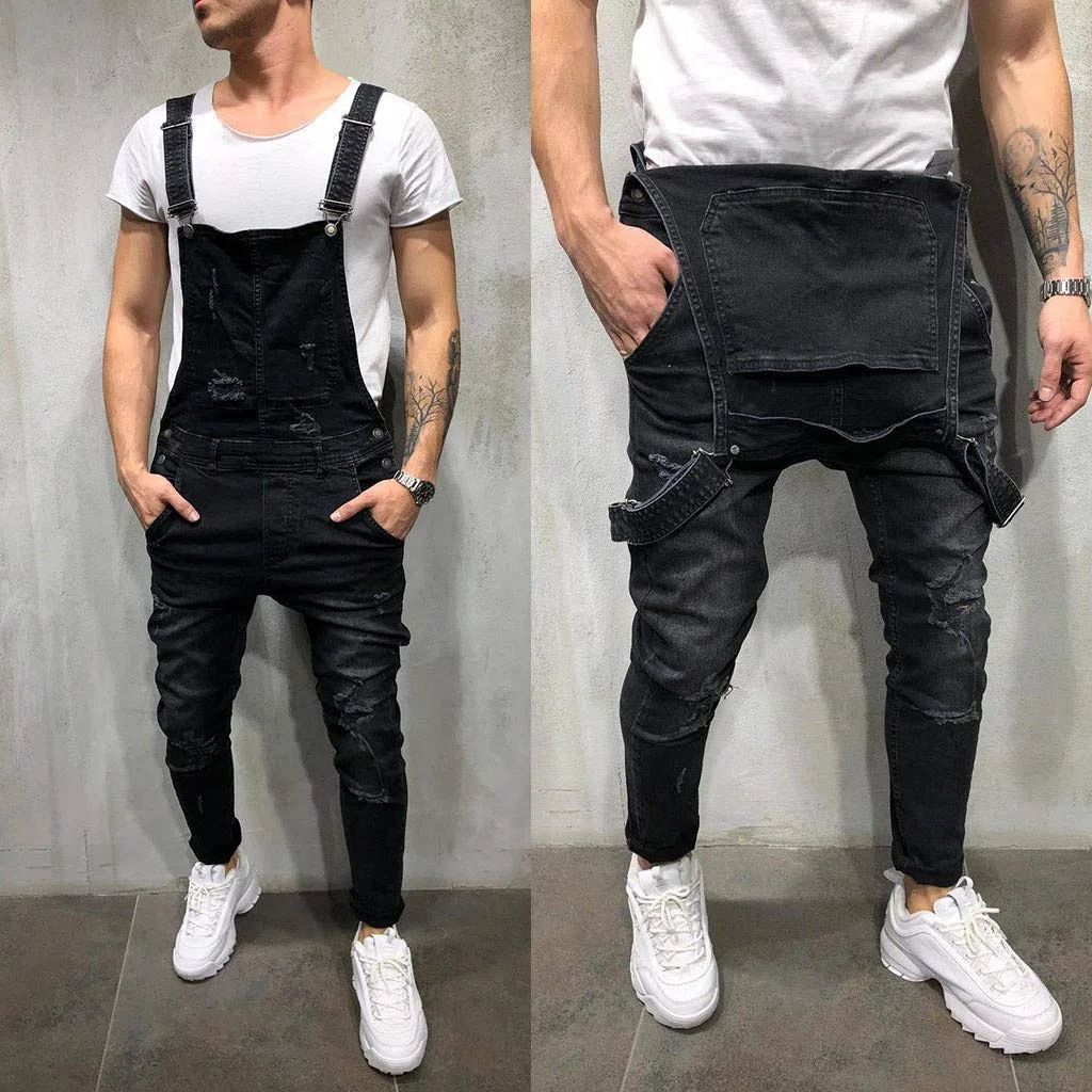 Petos de Pantalones Vaqueros de Mono para Hombre Pantalones de Bolsillo Rotos Pantalones de Liga Babero Pantalón