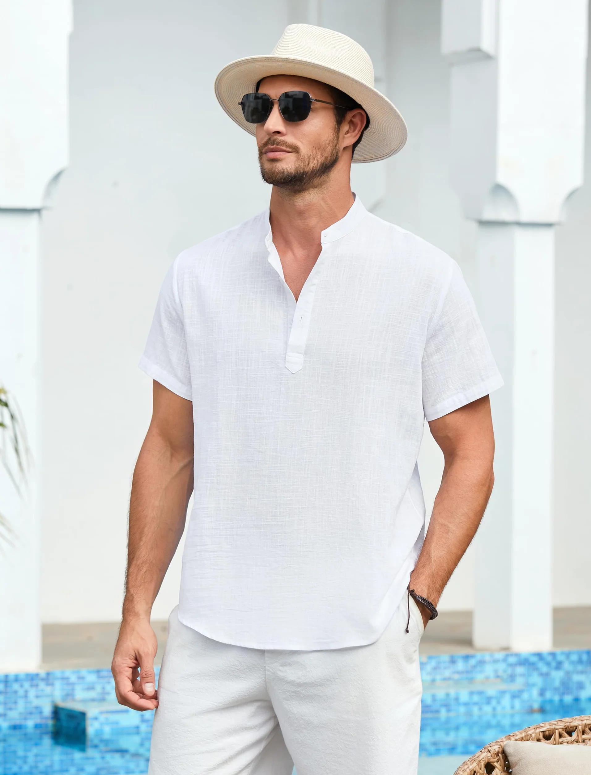 Enlision Camisa Lino Hombre Manga Corta Verano Camisas Casual para Hombres Cuello Mao Ibicenca Camiseta con Botones Algodón Color Sólido Ropa S-4XL