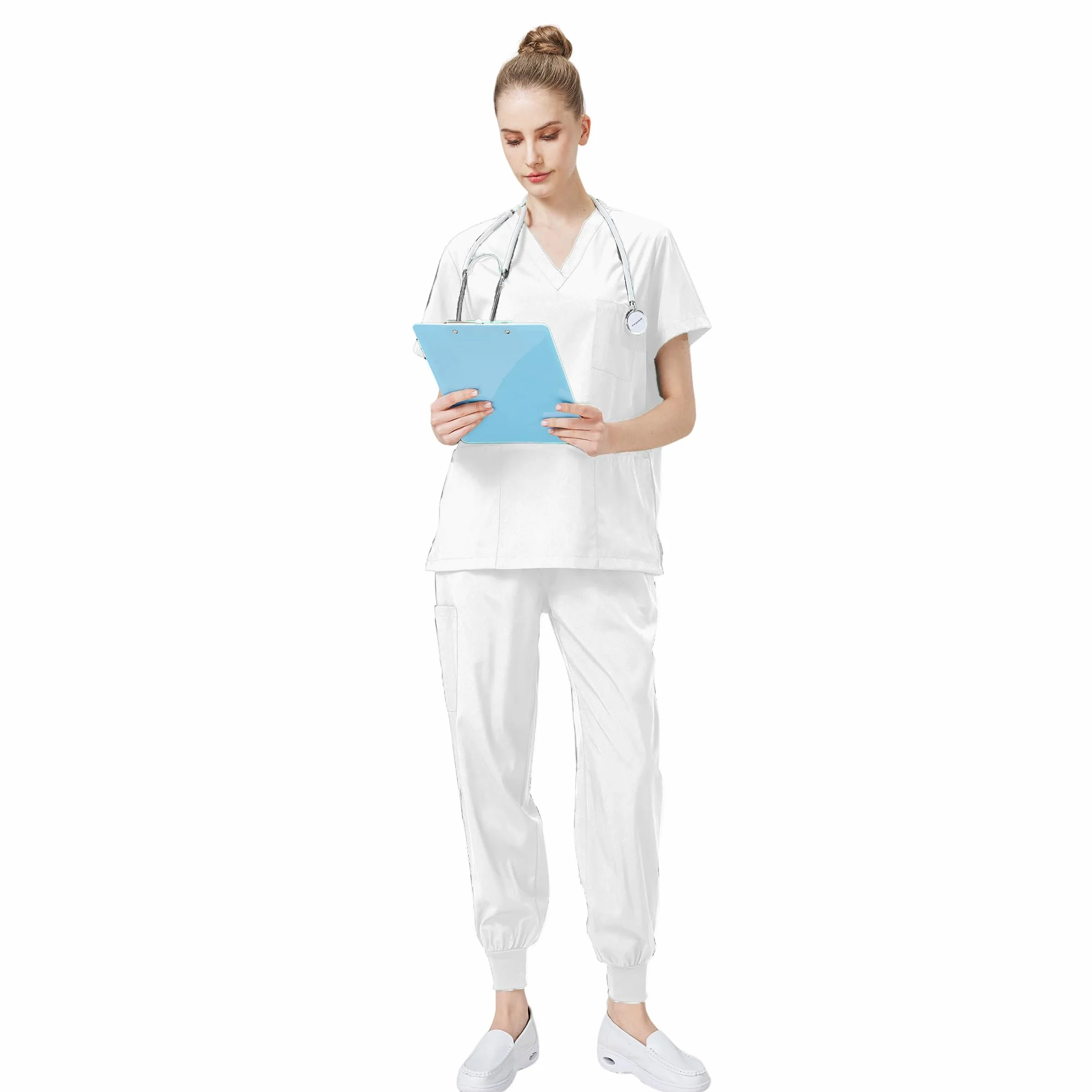 Médico Mono Cuello en V Top Corto con 3 Bolsillos Pantalones Slim Secado Rápido y Tamaños Unisex DK05