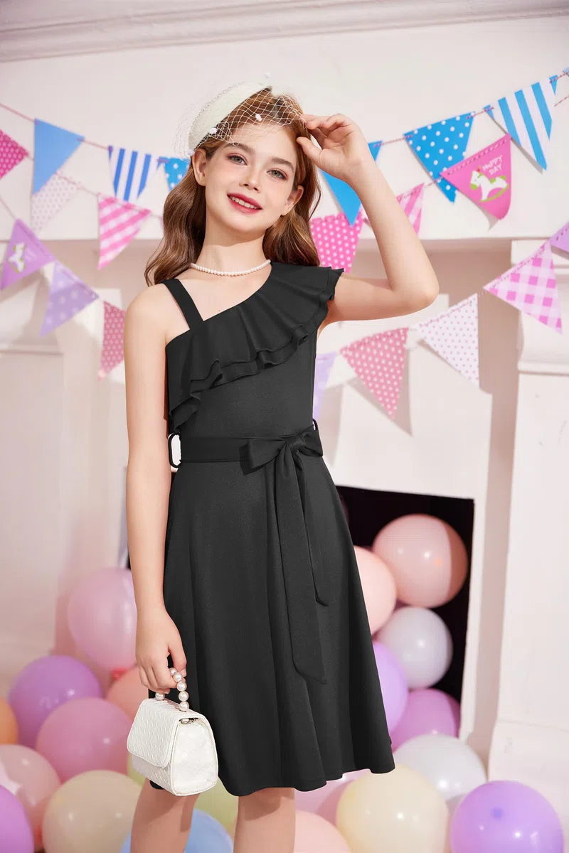 Arshiner Niñas Vestido Un Hombro Niños Verano Elegantes Festivo Escote con Volantes Vestido Sin Mangas Vestidos de Fiesta para Niñas 5-14 Años