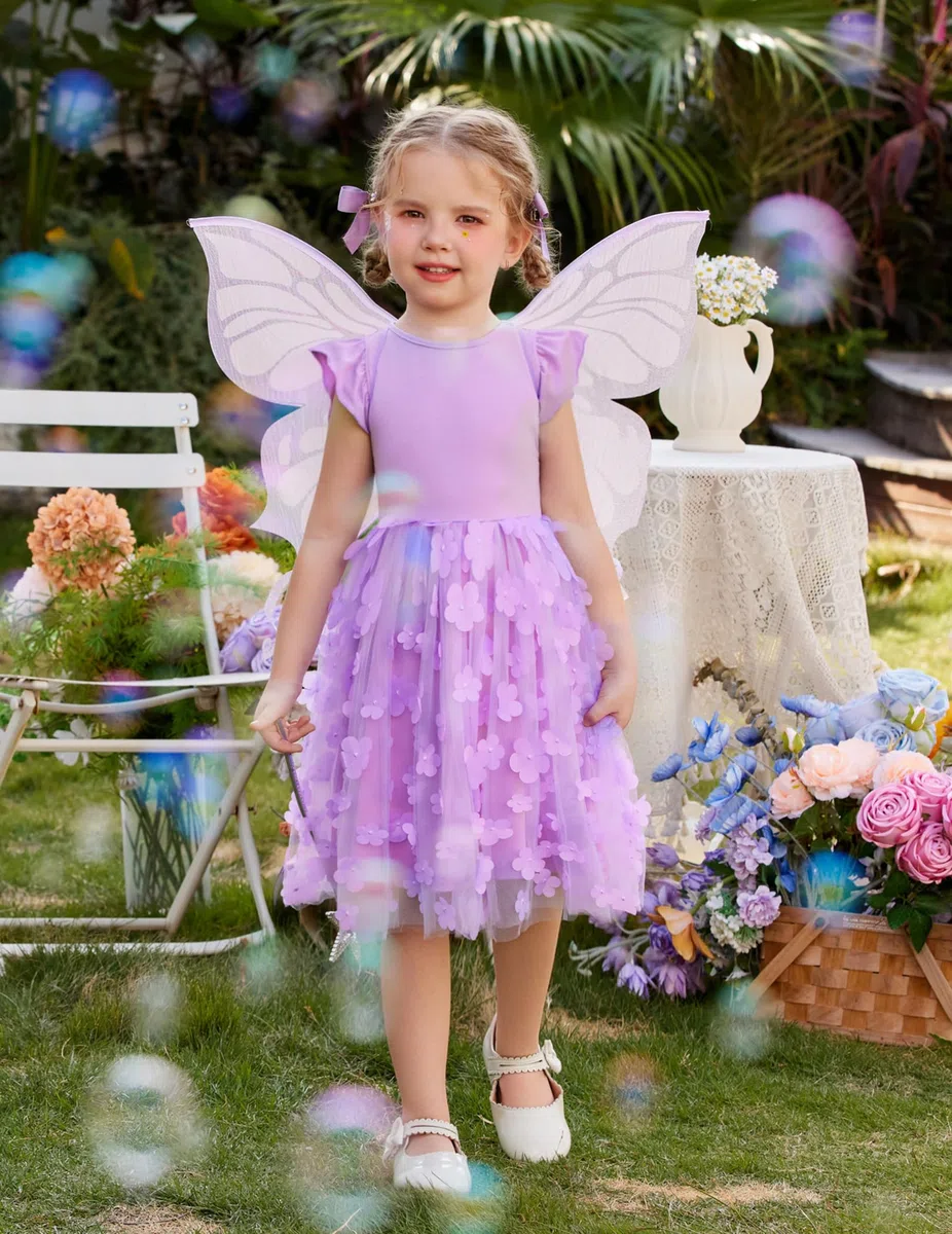 Arshiner Vestidos para Niña Vestido de Tul Mangas Voladoras Vestido de Princesa Vestido Festivo Tutú Vestido Infantil Vestido de Fiesta de Algodón Vestido de Cumpleaños Boda Verano 2-7 años