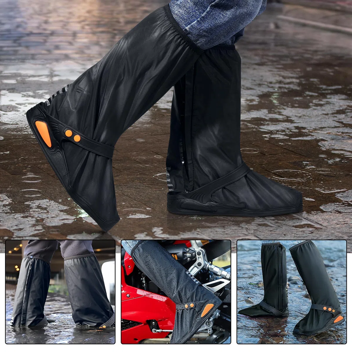 Habwea Cubrecalzado Impermeable Sobrecalzado Negro Reutilizable con bandas reflectantes Botas de lluvia antideslizantes Chubasqueros de alta protección contra la lluvia para bicicleta