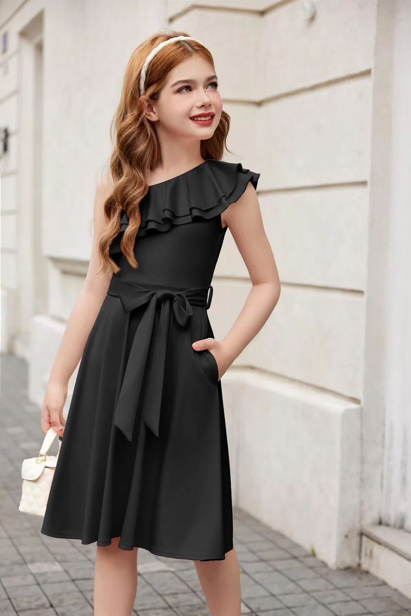 Arshiner Niñas Vestido Un Hombro Niños Verano Elegantes Festivo Escote con Volantes Vestido Sin Mangas Vestidos de Fiesta para Niñas 5-14 Años