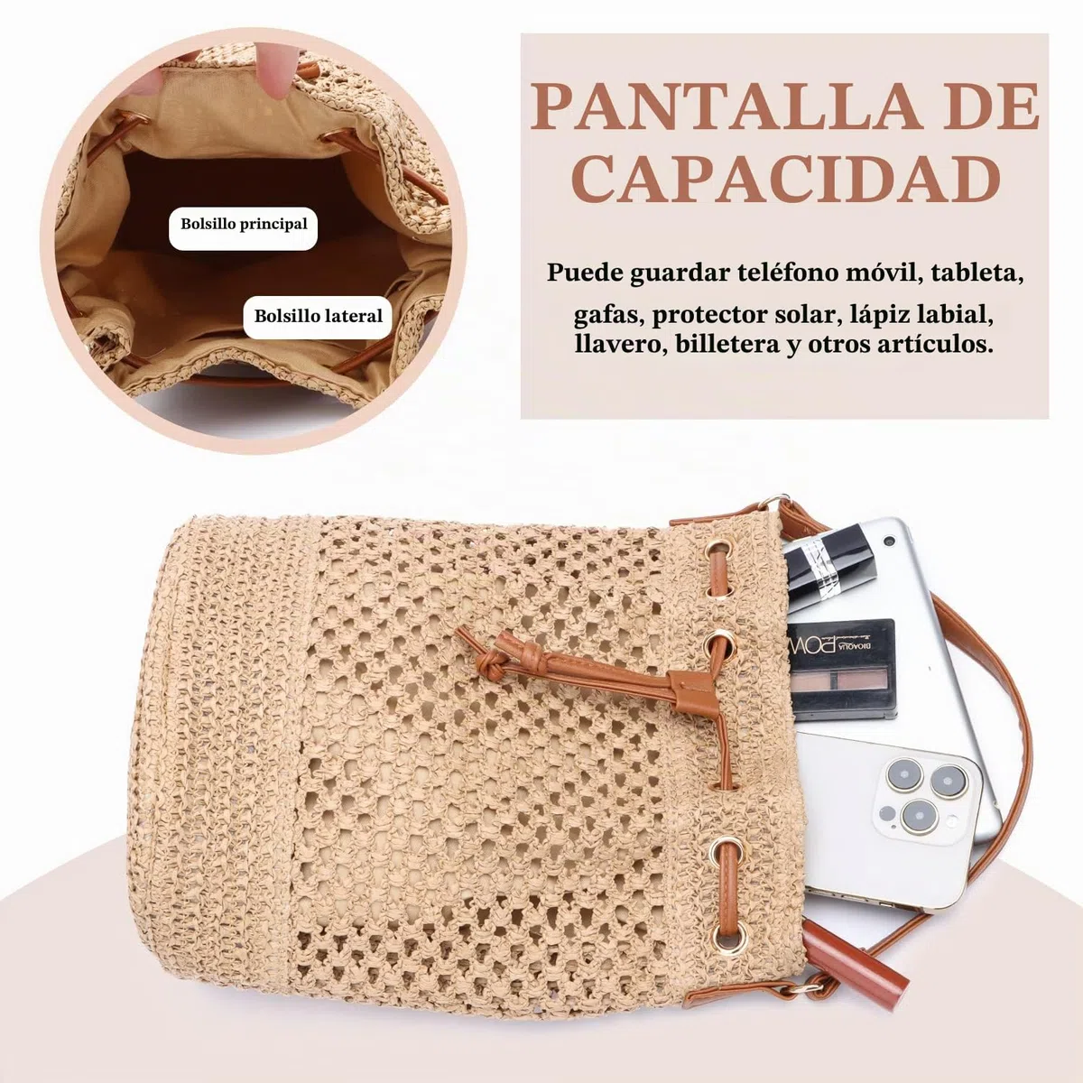 EVEOUT Bolso Cubo Bandolera de Paja tejido Mujer Bohemio Bolsos de hombro rafia de Playa vacances Verano