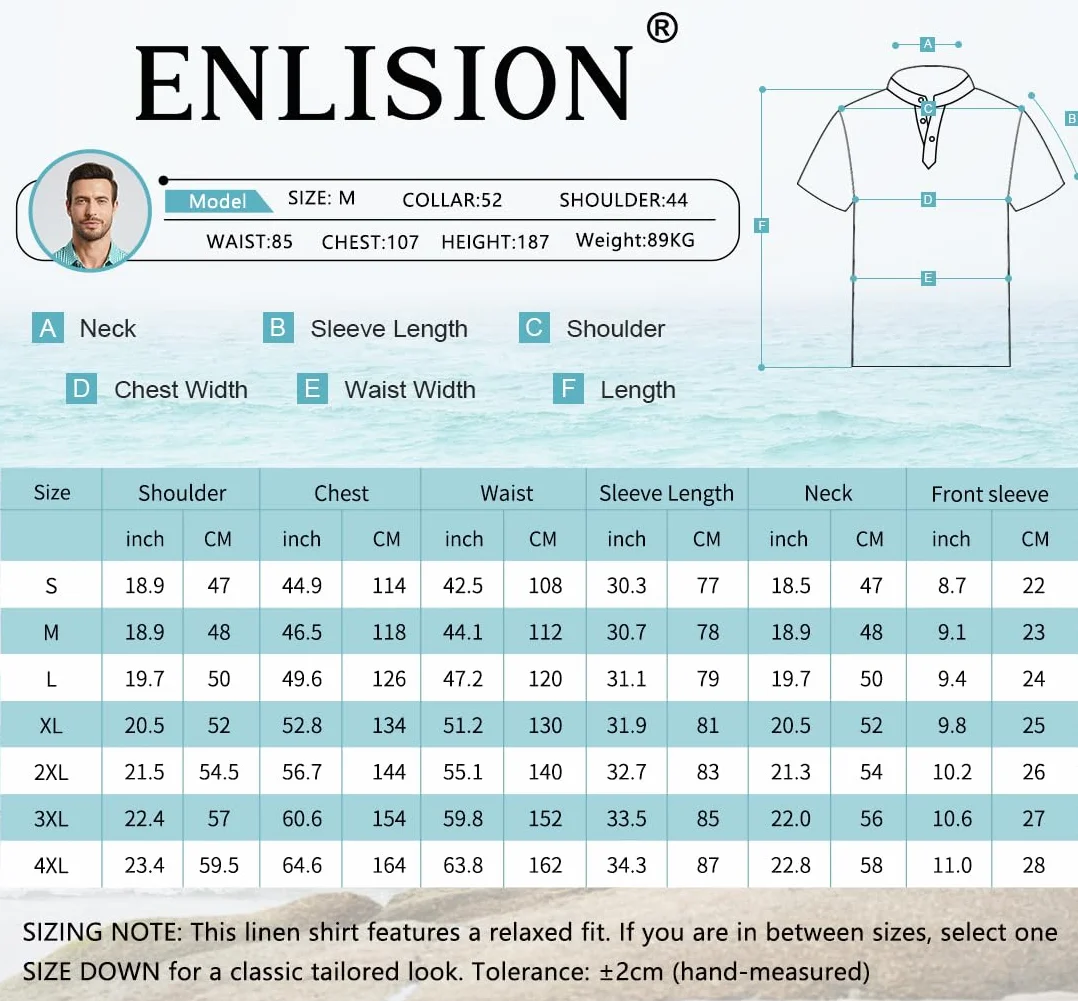 Enlision Camisa Lino Hombre Manga Corta Verano Camisas Casual para Hombres Cuello Mao Ibicenca Camiseta con Botones Algodón Color Sólido Ropa S-4XL