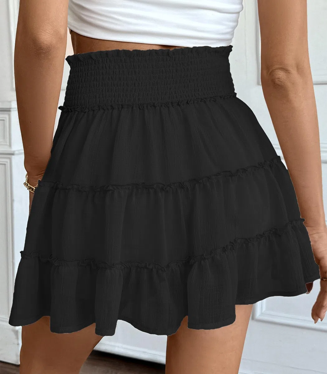Mini Falda de Mujer Color Sólido Cintura Alta Tul con Pantalón Corto