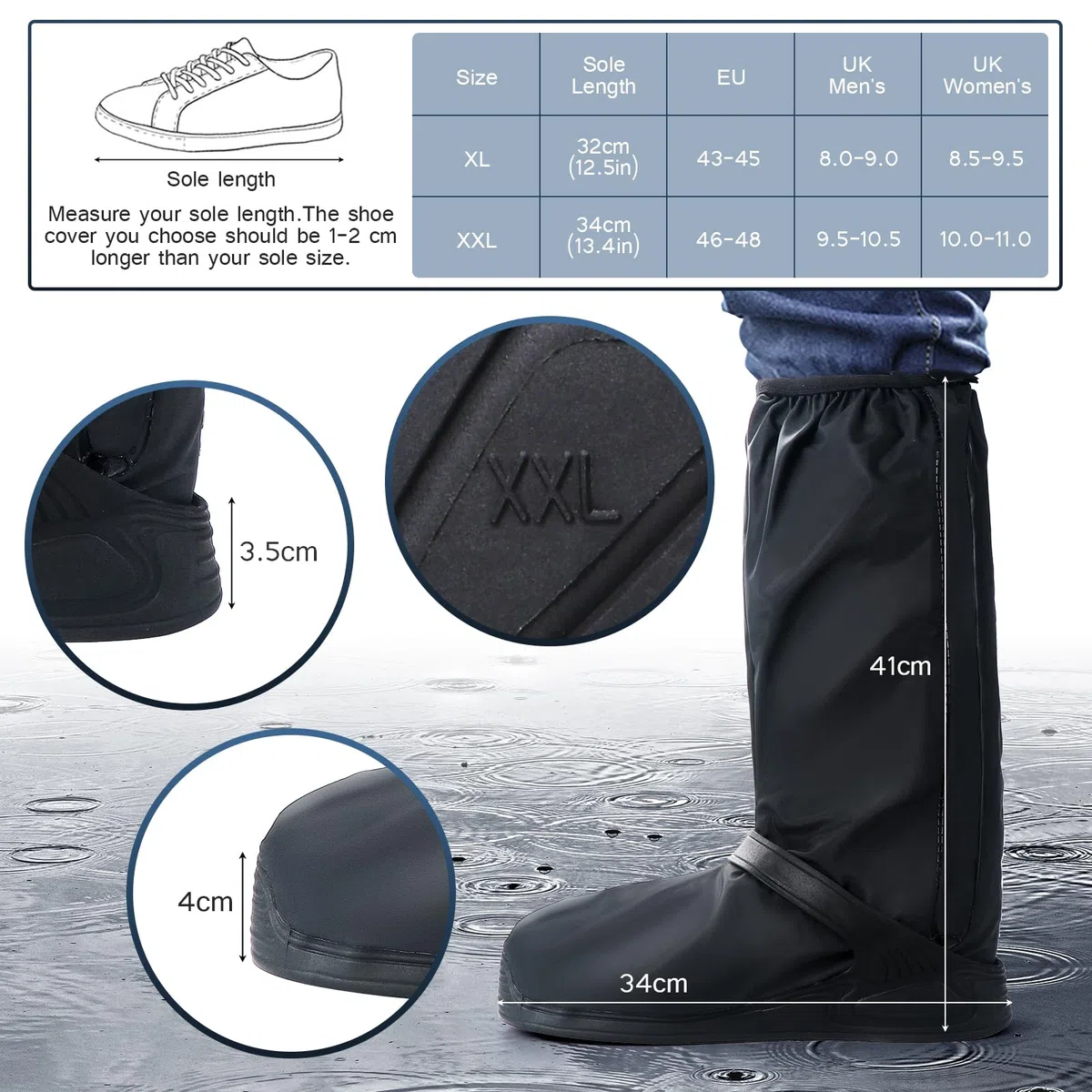 Habwea Cubrecalzado Impermeable Sobrecalzado Negro Reutilizable con bandas reflectantes Botas de lluvia antideslizantes Chubasqueros de alta protección contra la lluvia para bicicleta