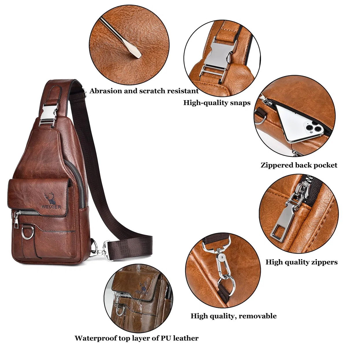 A-QMZL Bolso Hombre de Pecho de Piel Bandolera Cuero Bolsos Bandolera Casual Sling Bag Mochila Hombro Bolsas Impermeable Crossbody de Viaje Trabajo (Marrón oscuro)