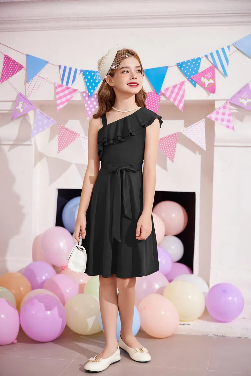 Arshiner Niñas Vestido Un Hombro Niños Verano Elegantes Festivo Escote con Volantes Vestido Sin Mangas Vestidos de Fiesta para Niñas 5-14 Años