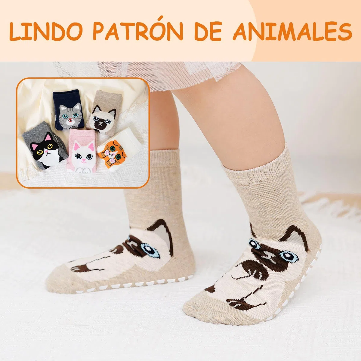 Calcetines Antideslizantes de Algodón para Niñas con Diseños de Animales y Dibujos - Talla 20-38, para Deporte y Uso Diario, 2-14 Años, 5 Pares