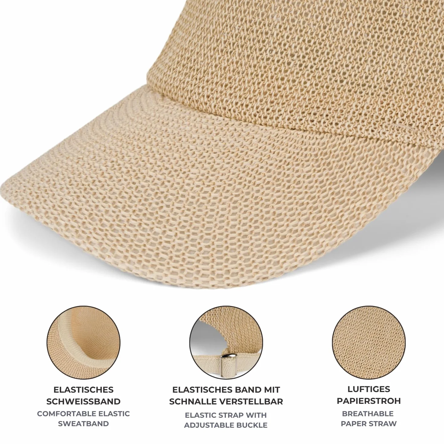 styleBREAKER Gorra de Paja de Papel Unicolor, Ligera para Verano con Hebilla metálica Ajustable, Gorra Unisex con Banda para Sudor, Ideal para Hombres y Mujeres
