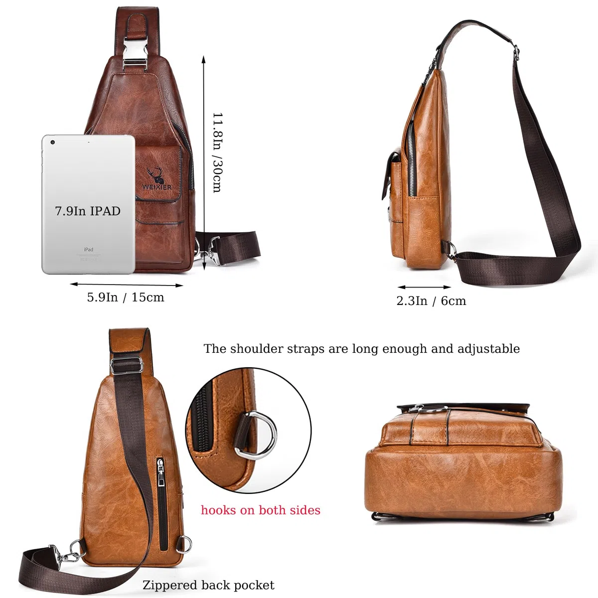 A-QMZL Bolso Hombre de Pecho de Piel Bandolera Cuero Bolsos Bandolera Casual Sling Bag Mochila Hombro Bolsas Impermeable Crossbody de Viaje Trabajo (Marrón oscuro)