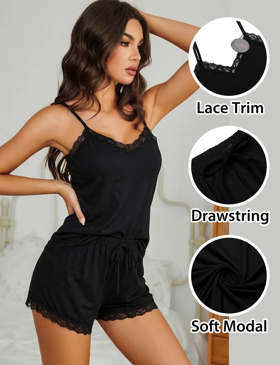 Avidlove Pijama de Mujer Conjunto de Dos Piezas Sin Mangas para Verano Ropa de Dormir de Encaje con Pantalones y Camiseta