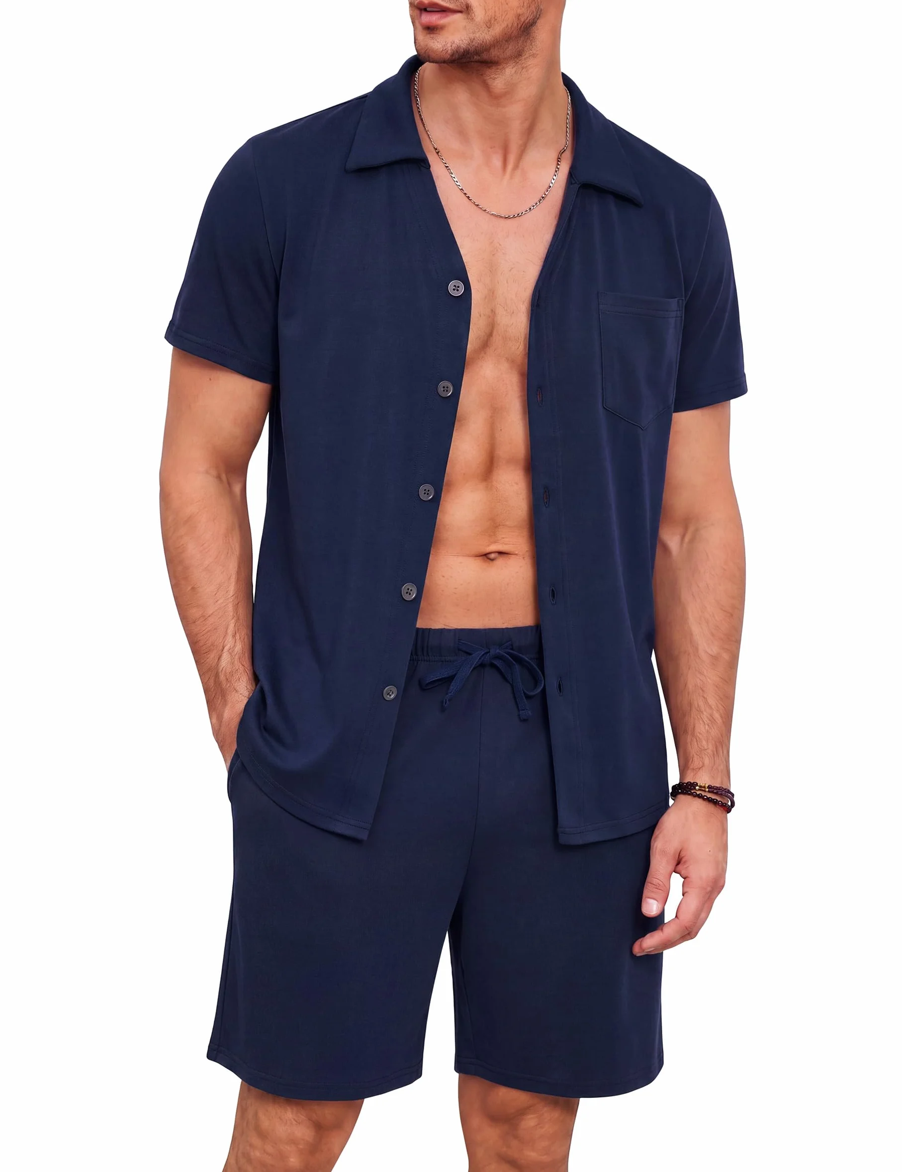 Bresdk Pijamas Hombre Verano Corto Algodon con Camisa Abotonada y Shorts Ropa de Dormir Manga Corta
