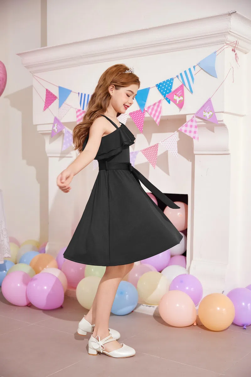 Arshiner Niñas Vestido Un Hombro Niños Verano Elegantes Festivo Escote con Volantes Vestido Sin Mangas Vestidos de Fiesta para Niñas 5-14 Años