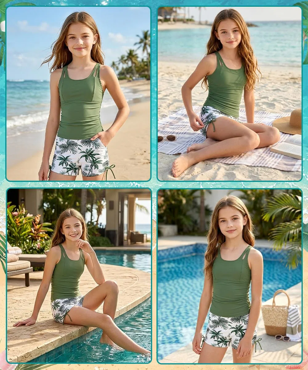 Traje de Baño de Verano para Niñas, Bikini Tankini Niñas con Top y Shorts Ajustables, Secado Rápido, Traje de Baño para Niñas 11-16 Años