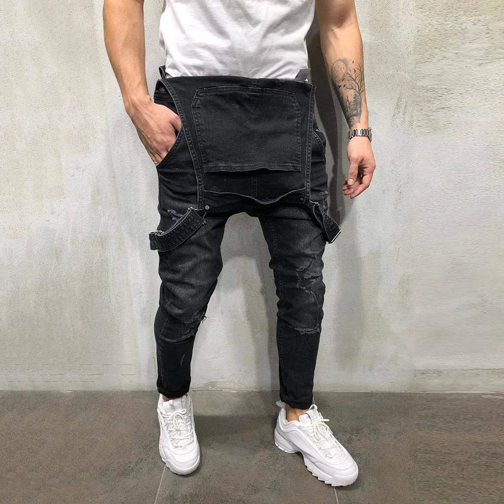 Petos de Pantalones Vaqueros de Mono para Hombre Pantalones de Bolsillo Rotos Pantalones de Liga Babero Pantalón